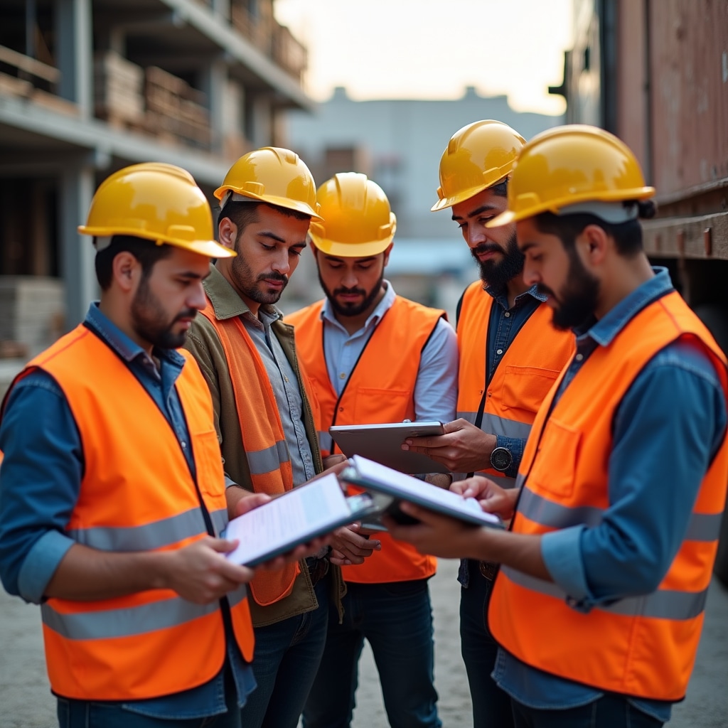 Construction team coordinating material deliveries and project schedules