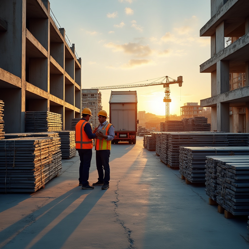 Modern construction site with organized material delivery and logistics coordination